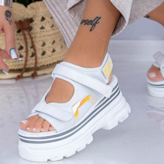 Дамски спортни сандали на платформа Sessil бели 01-0137-WH /