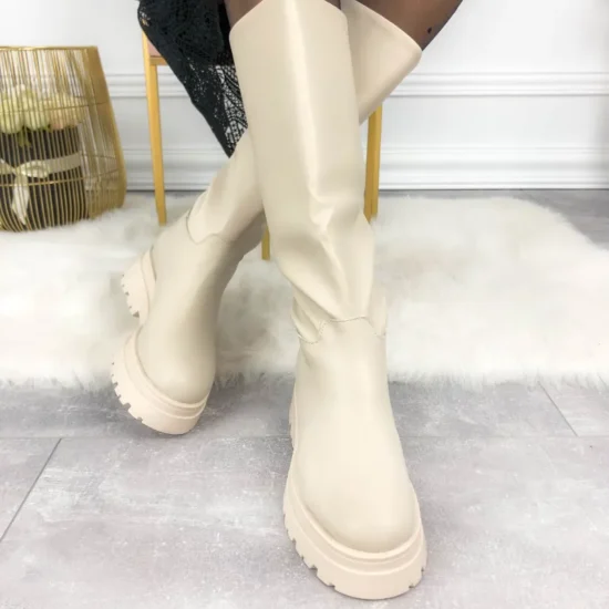 Дамски светло бежови ботуши от мека еко кожа Nova 10069WH /