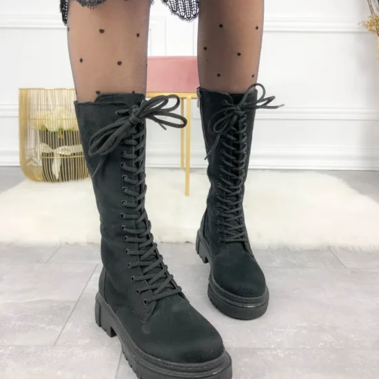 Дамски ботуши с връзки тип кубинки Antverpen черен велур 10065BL /