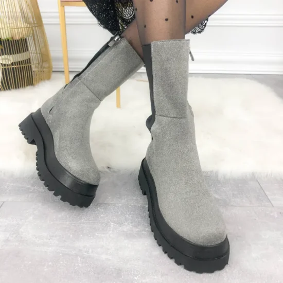 Велурени боти с ластик и равна платформа Zara в сив цвят 10062EY /