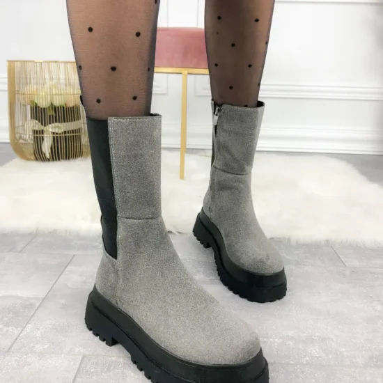 Alternative view of Велурени боти с ластик и равна платформа Zara в сив цвят 10062EY