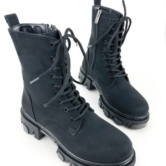 Велуени черни боти с връзки и цип Ivet 10064BL /