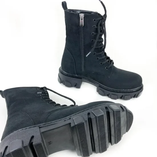 Велуени черни боти с връзки и цип Ivet 10064BL /