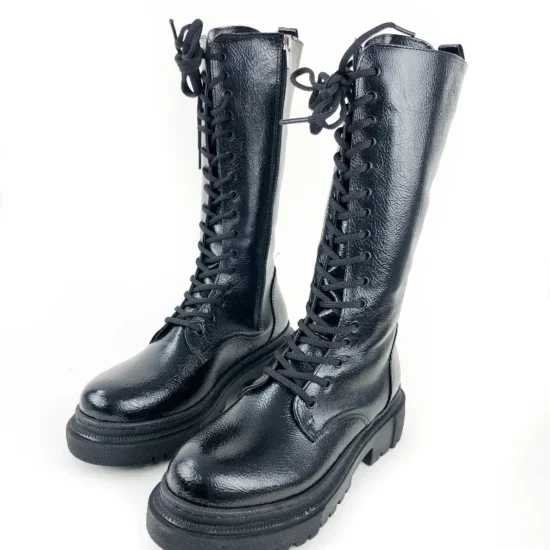 Дамски ботуши с връзки тип кубинки Antverpen черен лак 10065CBL /