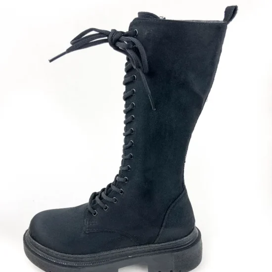 Дамски ботуши с връзки тип кубинки Antverpen черен велур 10065BL /