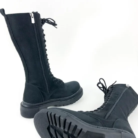 Дамски ботуши с връзки тип кубинки Antverpen черен велур 10065BL /