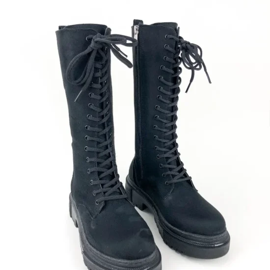 Дамски ботуши с връзки тип кубинки Antverpen черен велур 10065BL /