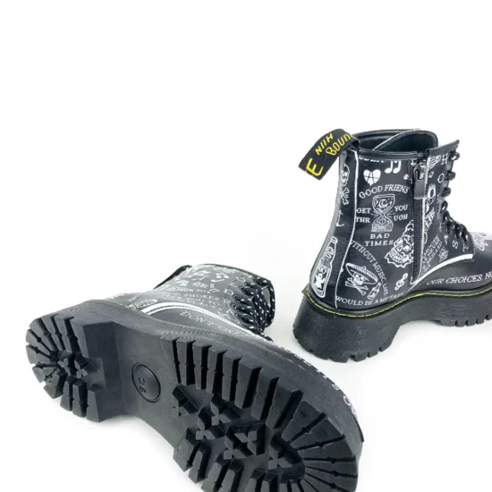 Черни кожени дамски боти с надписи Graffiti 10063BL /