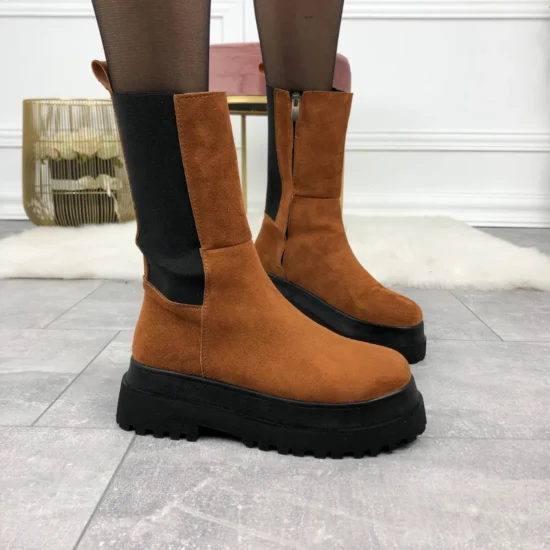 Alternative view of Велурени боти с ластик и равна платформа Zara в кафяв цвят 10062NW