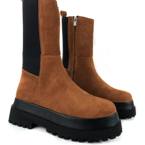 Велурени боти с ластик и равна платформа Zara в кафяв цвят 10062NW /