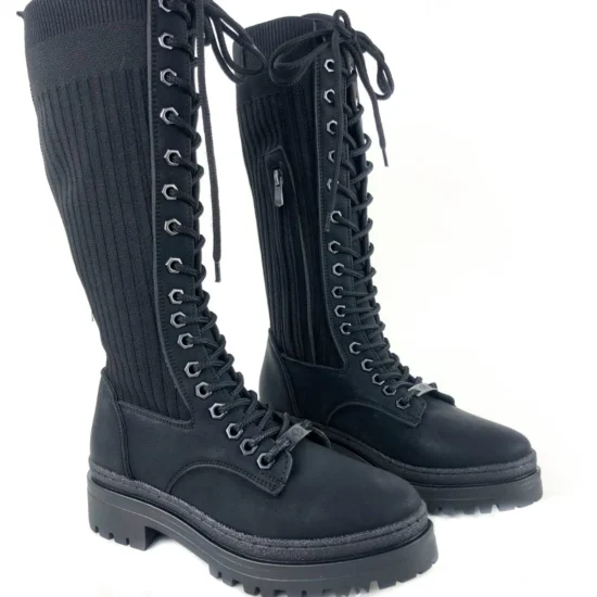 Дамски ботуши тип чорап под коляното Petrolina 10095BL в черен цвят /