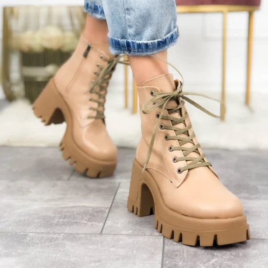 Alternative view of Бежови боти на дебел ток и платформа с връзки Tamma 10127EE