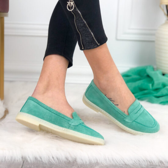 Мокасини от естествен велур в цвят тюркоаз /