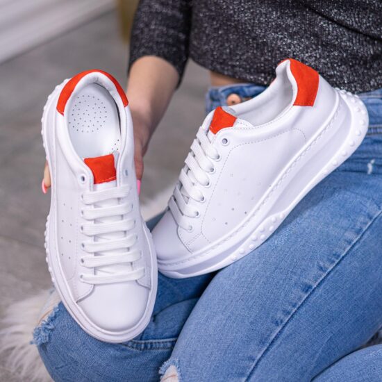 Бели кецове естествена кожа с червен акцент Alissa 10172RD /