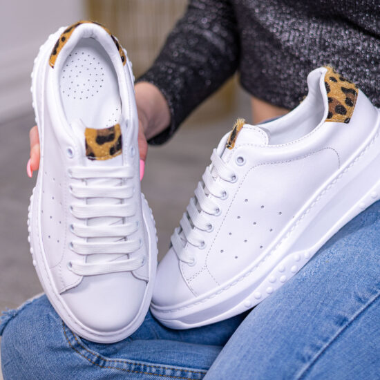 Alternative view of Бели кецове естествена кожа с леопардов акцент Alissa 10172LE