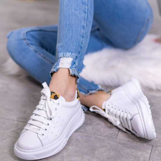 Бели кецове естествена кожа с леопардов акцент Alissa 10172LE /