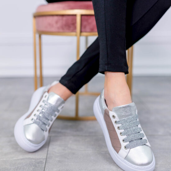 Кецове от естествена кожа Senna в бежово и сребристо с ергономична стелка 10216 /