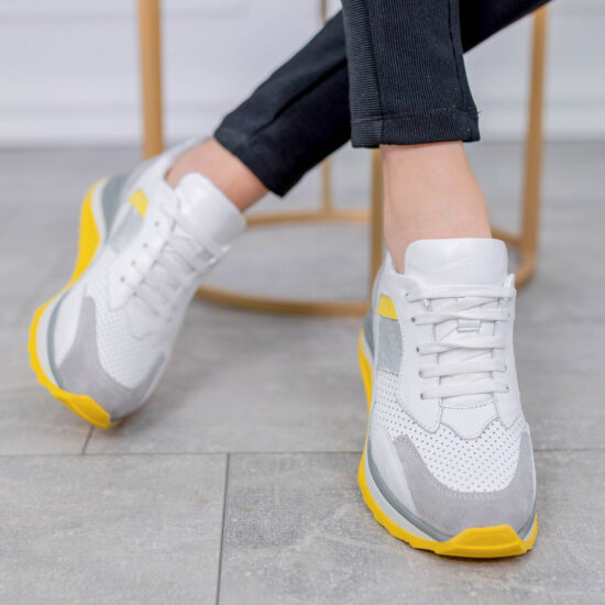 Модерни дамски маратонки от естествена кожа и велур Marga в бяло и сиво 10224 /