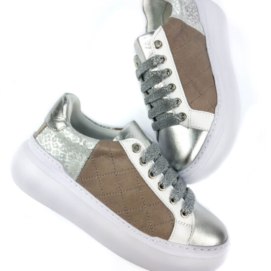 Кецове от естествена кожа Senna в бежово и сребристо с ергономична стелка 10216 /