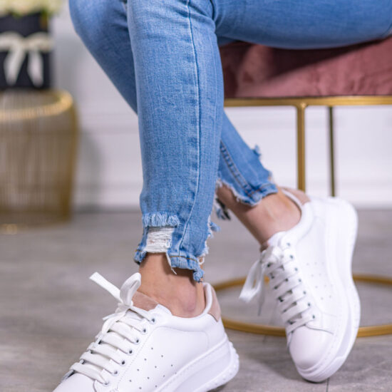 Бели кецове естествена кожа с розов акцент Alissa 10172PK /