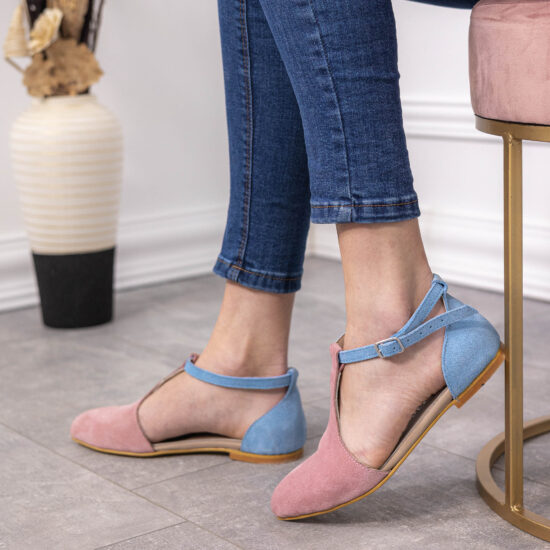 Дамски балеринки естествена кожа в розово и синьо /