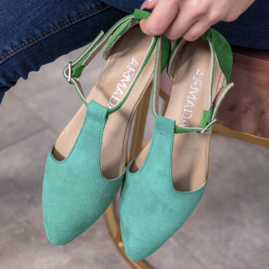 Дамски балеринки естествена кожа в тюркоаз и зелено /