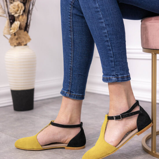 Дамски балеринки естествена кожа в жълто и черно /