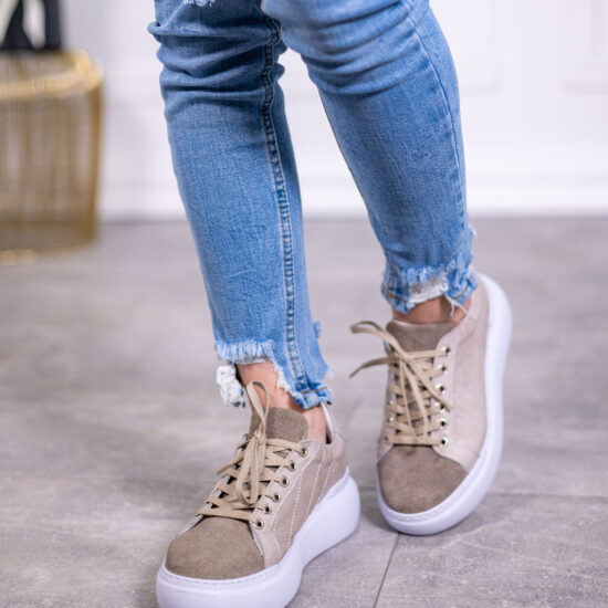 Бежови кецове от естествена кожа и велур Senna 10175ЕЕ /