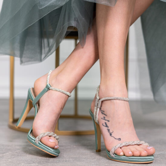 Alternative view of Елегантни сини сатенени сандали на тънък ток с камъни