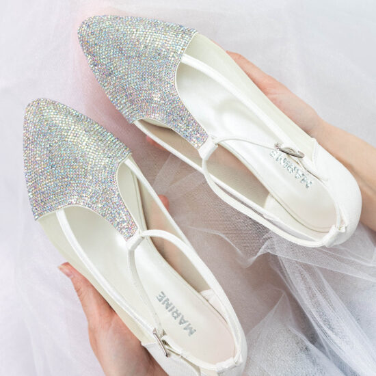 Alternative view of Елегантни бели балеринки с каишка и декорация от камъни