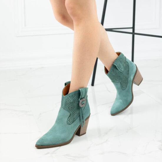 Дамски сини летни боти от естествен велур с перфорация на нисък ток /