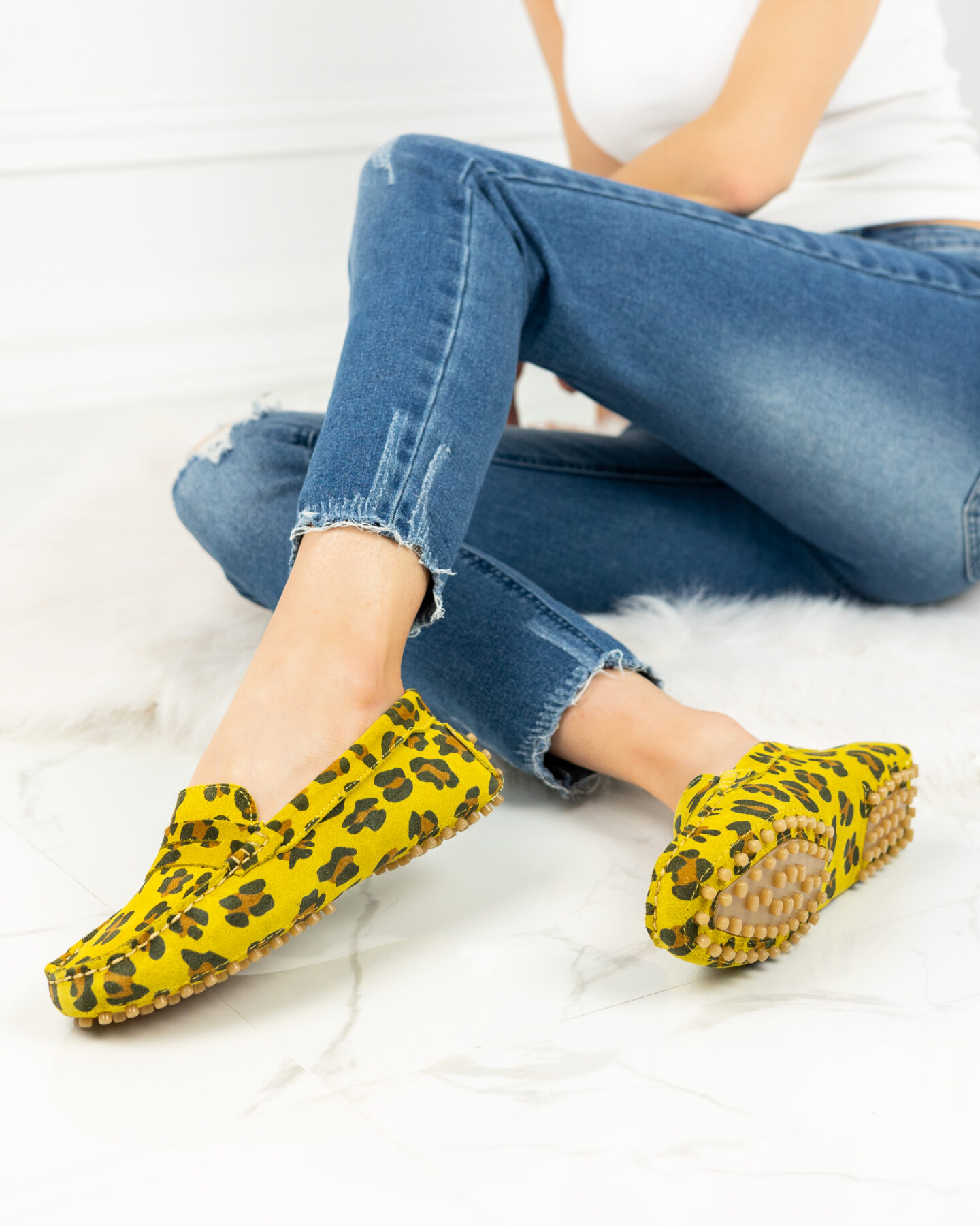 Дамски жълти мокасини от естествен велур с леопардов принт Ежедневни обувки Дамски жълти мокасини от естествен велур с леопардов принт Ежедневни обувки