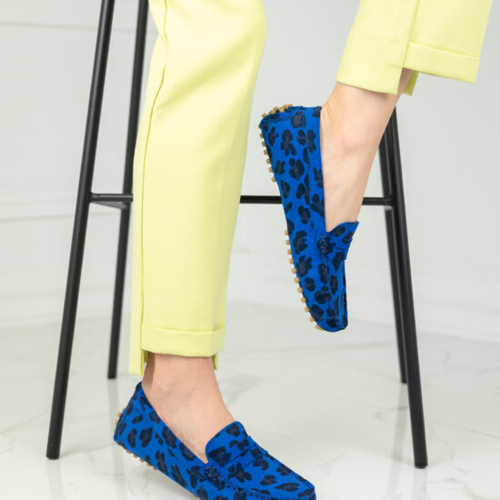 Дамски сини мокасини от естествен велур с леопардов принт /