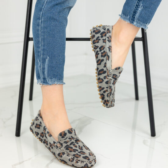 Bianca Дамски сиви мокасини от естествен велур с леопардов принт /