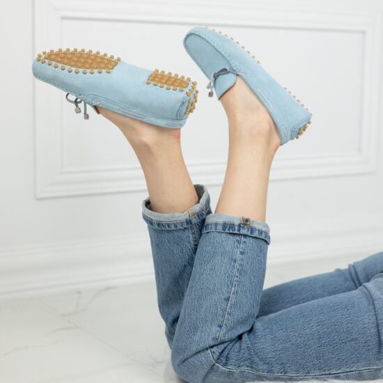 Дамски сини мокасини от естествен велур с панделка /