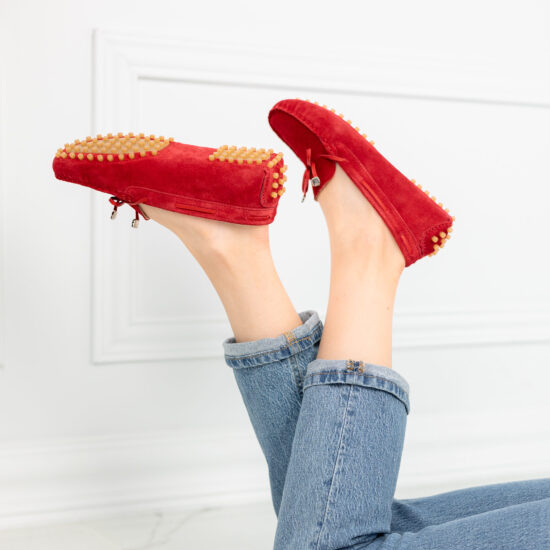 Дамски червени мокасини от естествен велур с панделка /