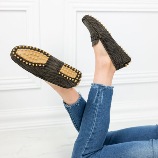 Alternative view of Дамски мокасини от естествен велур с животински принт в зелено и черно