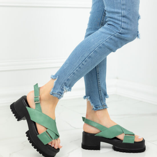 Alternative view of Дамски зелени сандали с масивна платформа от естествена кожа
