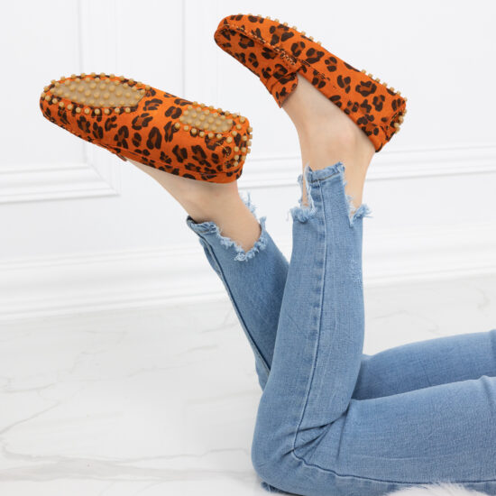 Alternative view of Дамски оранжеви мокасини от естествен велур с леопардов принт