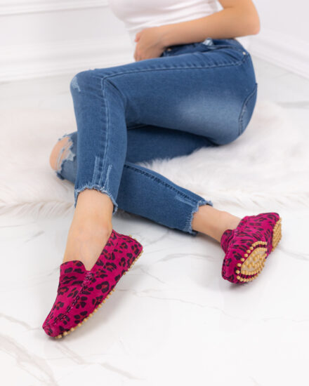 Дамски цикламени мокасини от естествен велур с леопардов принт Ежедневни обувки