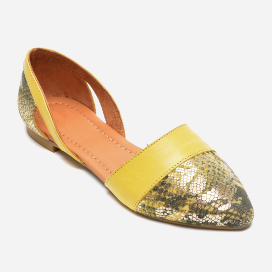 Жълти балеринки от естествена кожа със змийски принт /