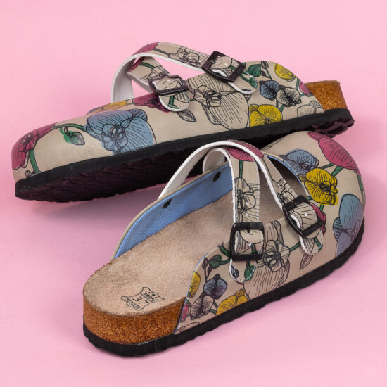 Ортопедични чехли с цветен принт и стелка от естествена кожа /