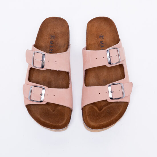 Alternative view of Дамски розови чехли от естествена кожа с две ленти