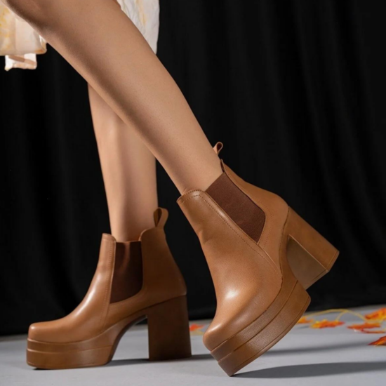 Alternative view of Кожени кафяви боти с дебел ток и платформа