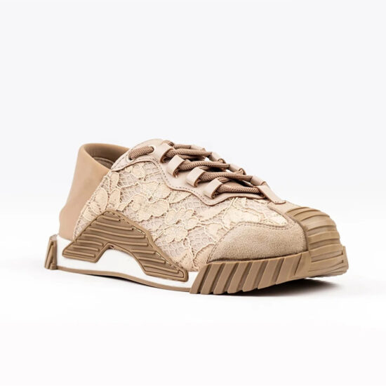 Дизайнерски дамски маратонки от неопрен и дантела в бежово /