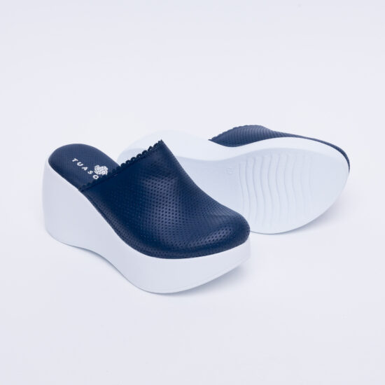 Сини анатомични чехли на платформа от естествена кожа /