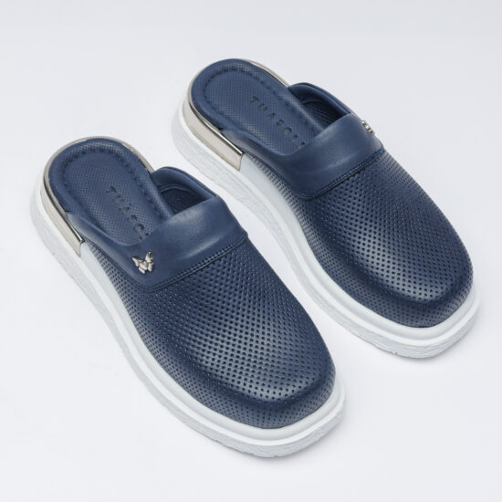 Classic Blue Сини анатомични чехли от естествена кожа /