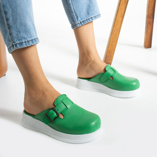 Зелено анатомично работно сабо от естествена кожа /