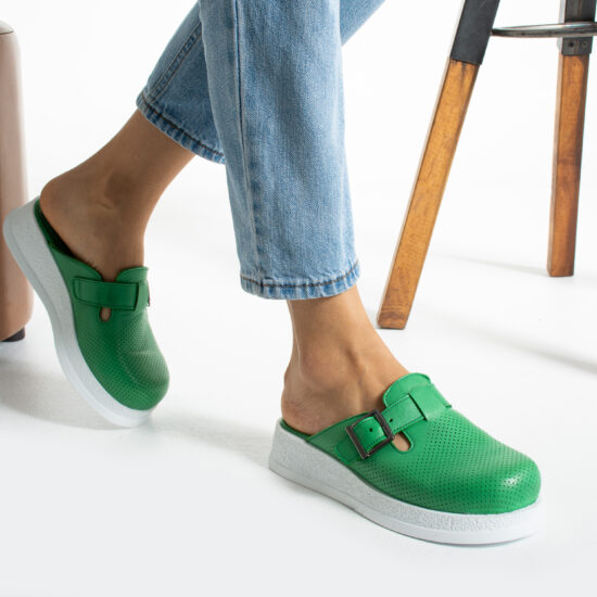 Зелено анатомично работно сабо от естествена кожа /