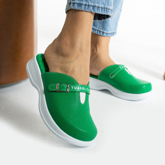 Mellow Зелени кожени чехли с анатомична гел стелка /